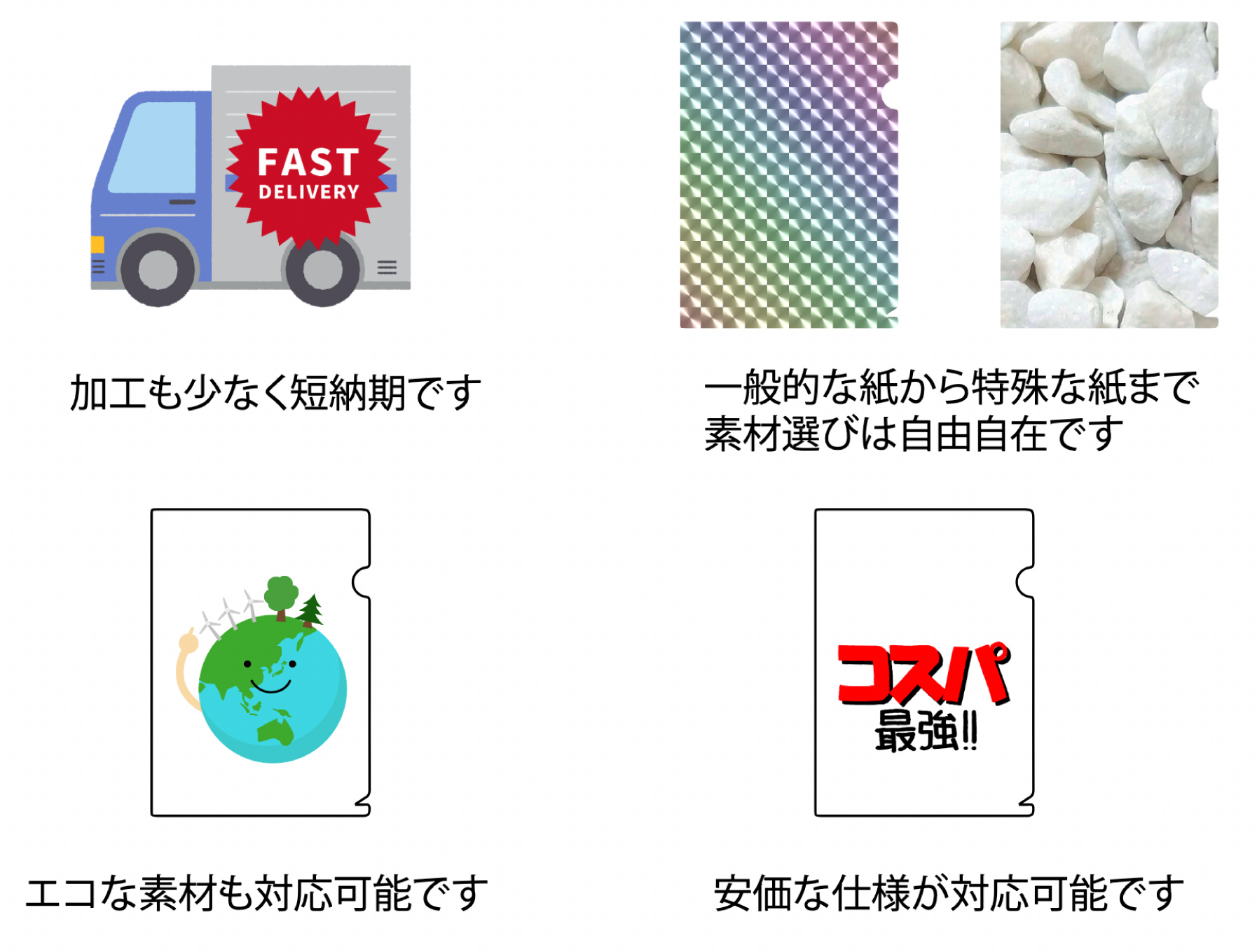 組み立てファイルは加工も少なく短納期、素材選びも自由です。